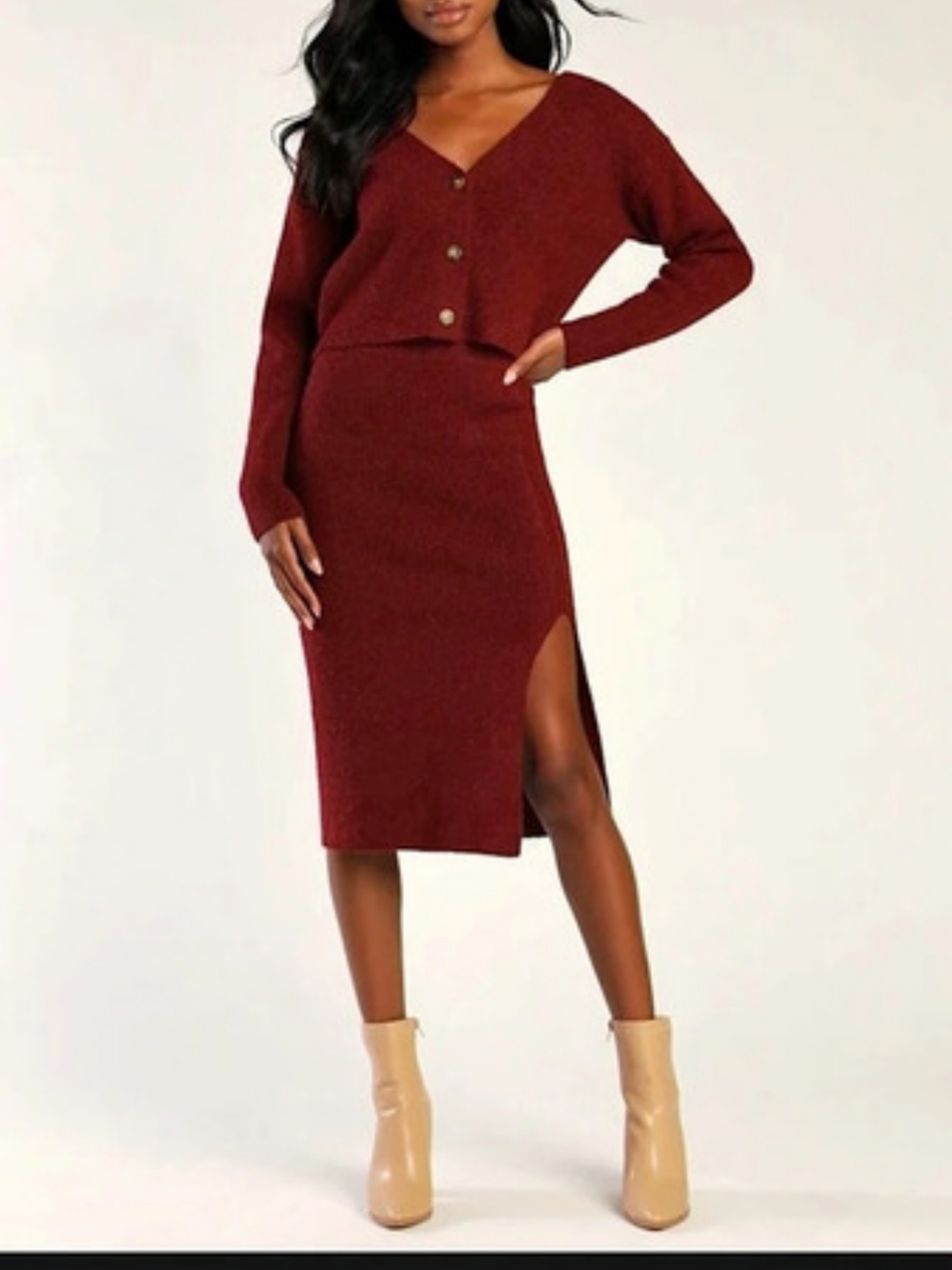 Lulus Set for Sweetness Burgundy Two-Piece Sweater Dress